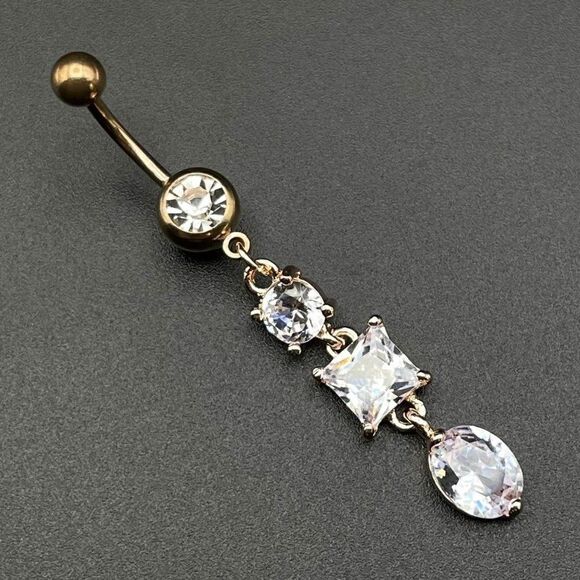 316L Stainless Steel with White Diamond Cubic Zirconia Dangling 14G Belly Ring - Picture 1 of 7